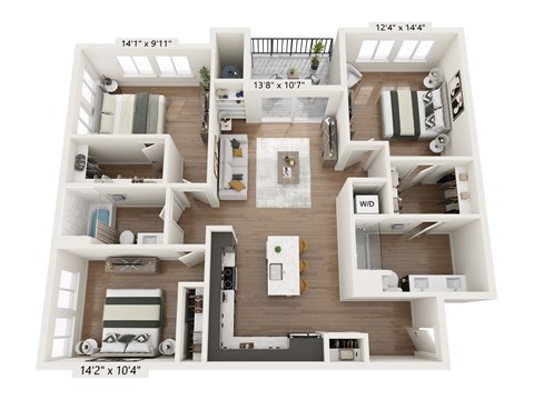 Floor plan for 3 beds, 2 baths, 1341 sqft